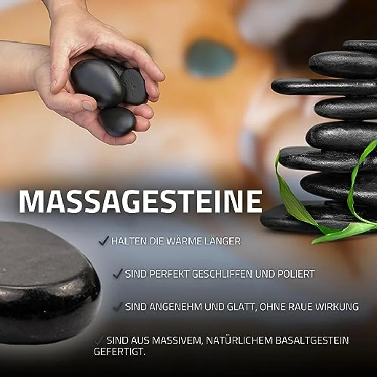 Habys Hot Stone Massagestein Set, 45-teilig aus Basalt mit Natur Bambus Box für Ganzkörpermassage – Bild 5