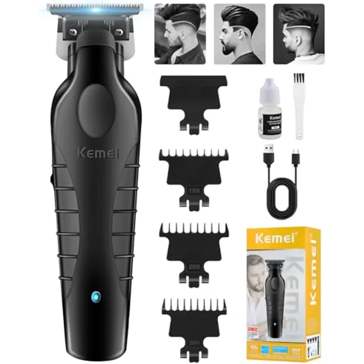 KEMEI 2299 Trimmer, Professionelle Schnurlose Haarschneidemaschine mit 7500 U/min, DLC Zero Gap T-Klinge und 3 Führungskämmen