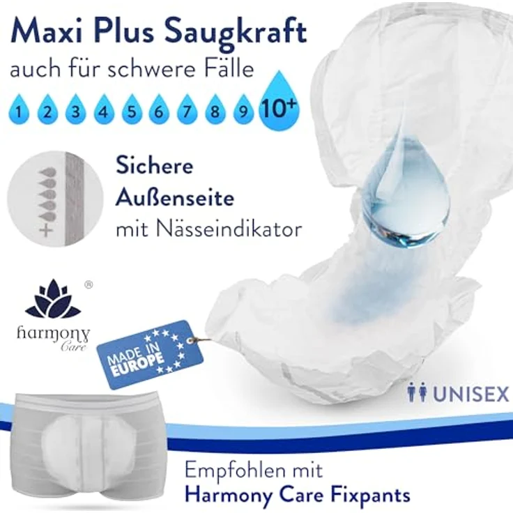 Harmony Care Form Maxi+ Inkontinenz-Einlage, anatomisch geformt, 20 Stück, extrem hohe Saugleistung bis 3400 ml, unisex – Bild 2