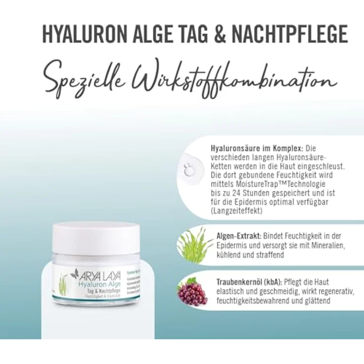 ARYA LAYA Hyaluron Alge Tag & Nachtpflege, 50 ml - aufpolsternde Feuchtigkeits-Creme mit Hyaluronsäure, Algen-Extrakt und Bio Aloe Vera, vegan, gegen Trockenheitsfältchen – Bild 3
