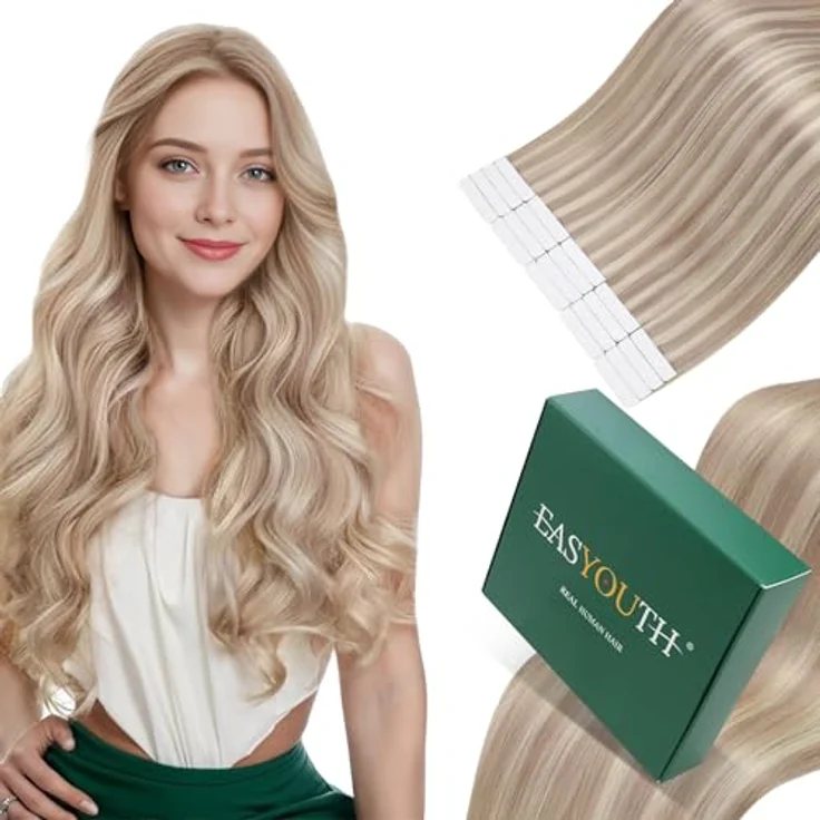 Easyouth Tape in Extensions Echthaar, Aschblonde Highlights mit Hellblond, Remy Echthaar, 35 cm, 40g, 18/613 – Bild 1