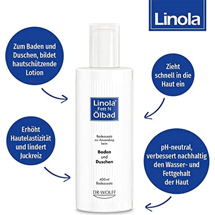 Linola fett N Ölbad 400 ml, Badezusatz für Altershaut und Neurodermitis, verbessert Wasser- und Fettgehalt der Haut – Bild 2