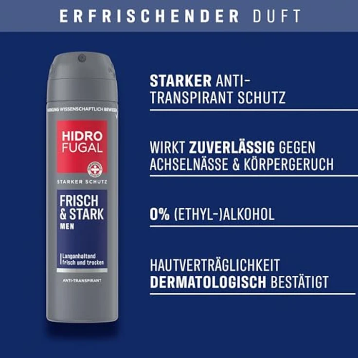 Hidrofugal MEN FRISCH & STARK Spray, Deospray mit starkem Antitranspirant Schutz und erfrischendem Duft ohne Ethylalkohol, 150 ml – Bild 2
