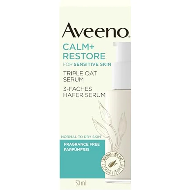 Aveeno CALM+RESTORE 3-faches Hafer Serum (30 ml), beruhigend & feuchtigkeitsspendend, parfümfrei, für empfindliche Haut, mit Mutterkraut und 3-fachem Haferkomplex – Bild 1