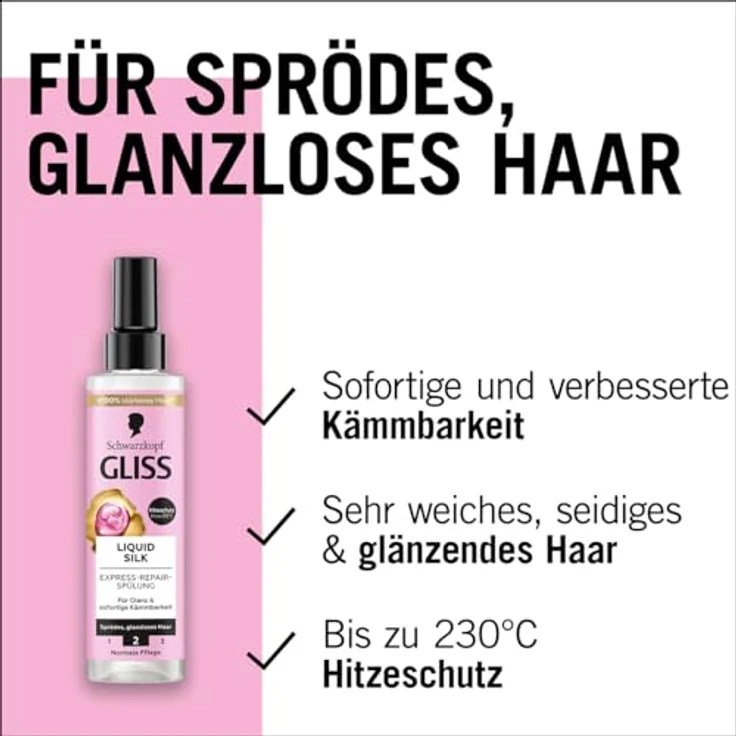 Gliss Kur Liquid Silk Shampoo (250 ml) mit Ceramiden & Seide, Glanz-Shampoo & Express-Repair-Spülung (200 ml) mit Hitzeschutz – Bild 3