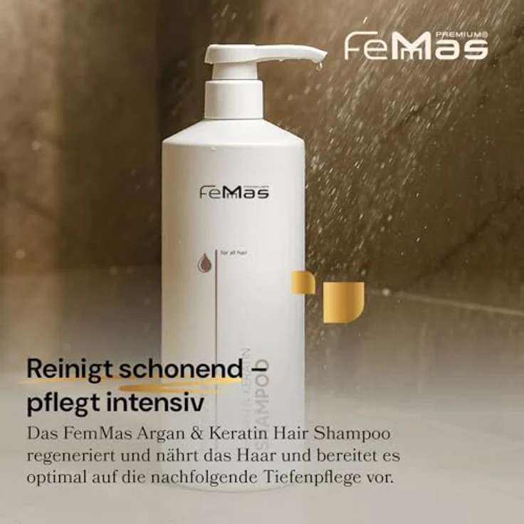 FemMas Argan & Keratin Shampoo 1000ml, pflanzliche Öle und Proteine, Friseur-Qualität mit Pumpe für gesundes und geschmeidiges Haar – Bild 2