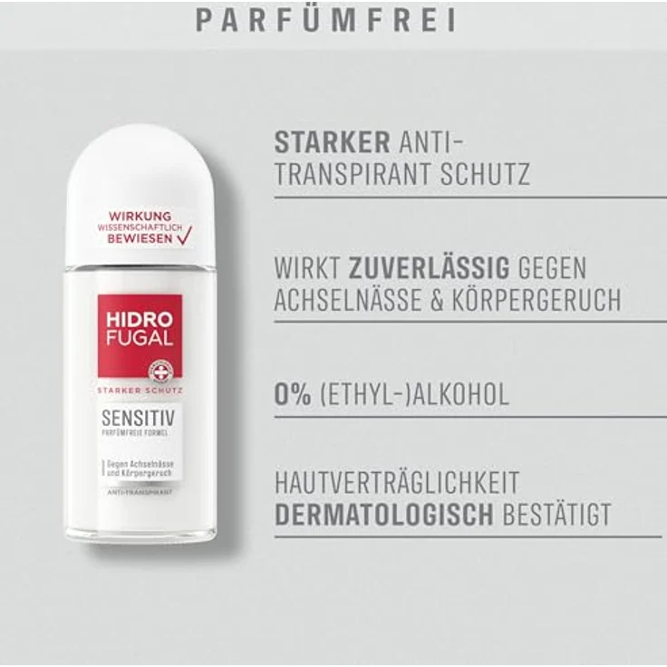 Hidrofugal SENSITIV Roll-on, starker Antitranspirant Schutz für empfindliche Haut, parfümfrei und alkoholfrei, 50 ml – Bild 2