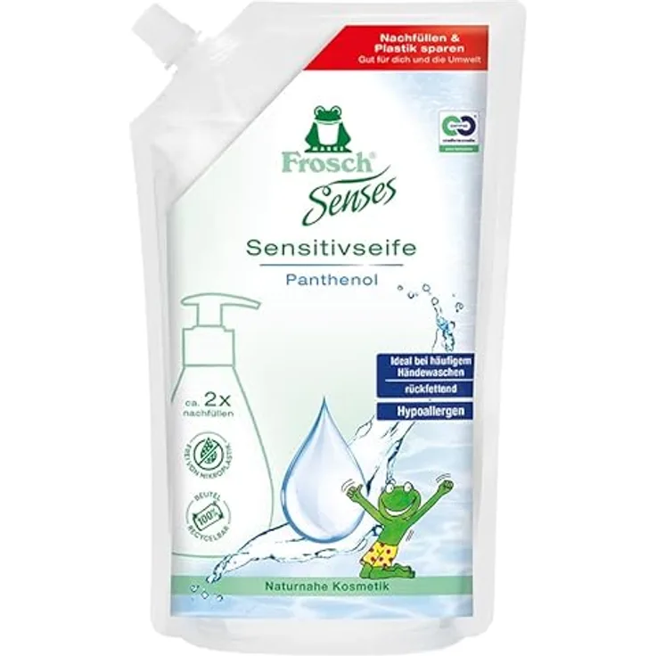 FROSCH Flüssigseife Panthenol, Nachfüllpack für empfindliche Haut, rückfettend, hypoallergen, vegan, 500 ml, weiß