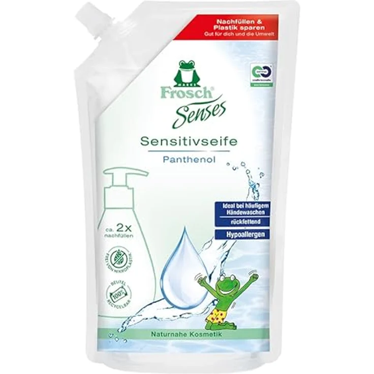 FROSCH Flüssigseife Panthenol, Nachfüllpack für empfindliche Haut, rückfettend, hypoallergen, vegan, 500 ml, weiß – Bild 1