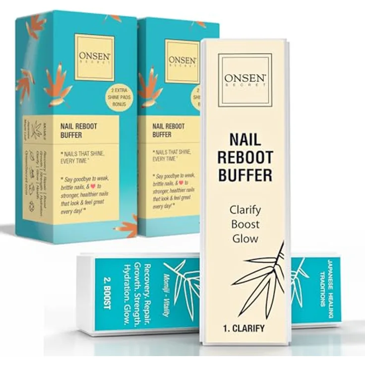 Onsen Secret Professioneller Nagelpolierblock (2er-Pack), 3-seitiger Puffer zum Feilen, Glätten und Polieren für strahlende Maniküre, Qualität mit Mineralien aus japanischen heißen Quellen