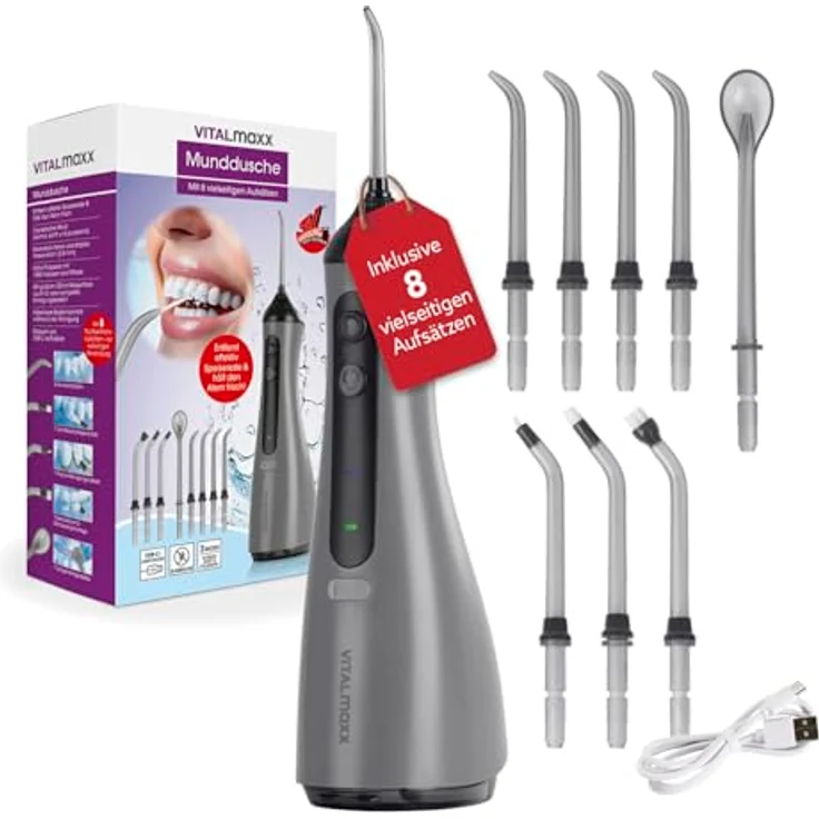 VITALmaxx Munddusche, elektrische Zahndusche mit 8 Aufsätzen und 320 ml Wassertank, kabellos mit Timer & 3 Modi zur effektiven Mundspülung, Water Flosser & Zungenreiniger in 1 – Bild 1