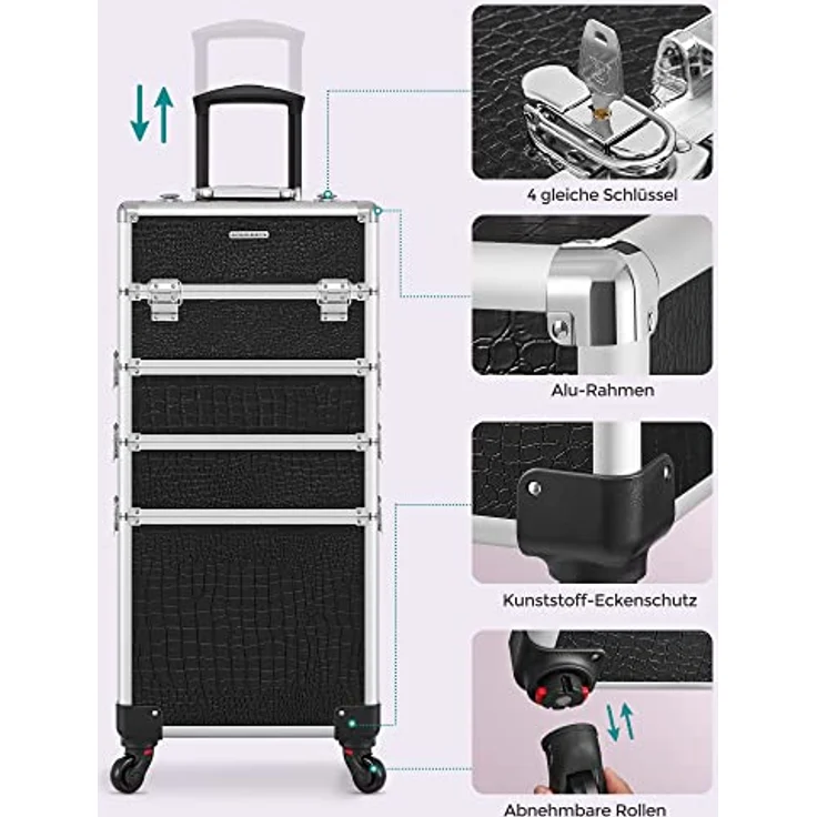 SONGMICS Alu Trolley, Kosmetikkoffer mit Rollen, Friseurkoffer, Schminkkoffer ohne Inhalt, Handgepäck, Beauty Case, 4 in 1, XXL, schwarz JHZ06B - Robuster Beauty Case mit Aluleiste, geräumige Aufteilung und Abschließfunktion – Bild 4