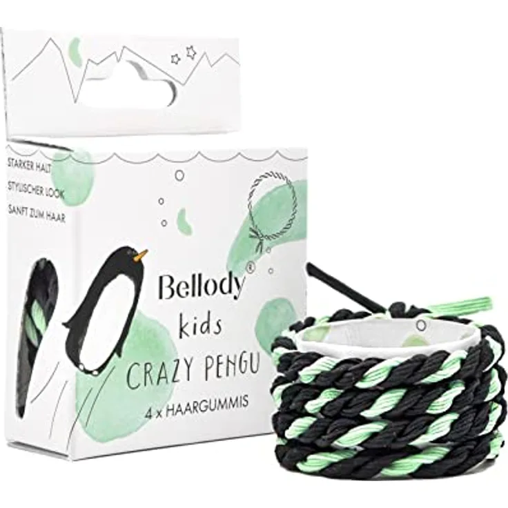 Bellody® Original Mädchen Haargummis - Stylisch geflochtener Kinder Haargummi mit starkem Halt (4er Set - Crazy Pengu) - Damen Haarschmuck Pinguin
