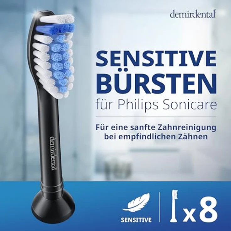 demirdental 8er Sensitive Aufsätze passend für Philips Sonicare, Weiche Bürstenköpfe für sensible Zähne, Schwarz, entspricht HX6058b – Bild 2