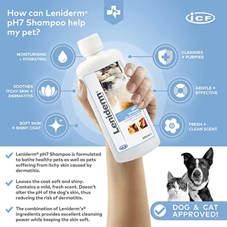 ICF Leniderm SHAMPOO für Hunde und Katzen - 250 ml, Hundeshampoo mit empfindlicher Haut, Linderung von Juckreiz, Geruchsentferner, professionell entwickelt – Bild 3