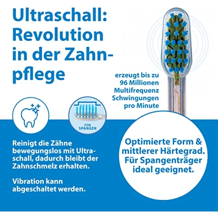 Emmi-dent 2x Zahnbürstenaufsatz SB2 (1x Blau + 1x Weiß) | Ideal für Zahnspangenträger | Mit patentiertem Ultraschallchip | Für alle emmi-dent Ultraschallzahnbürsten der Metallic- & Professional-Serie – Bild 4