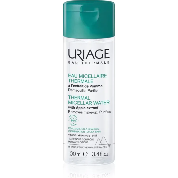 Uriage Hygiène Thermal Micellar Water - Mizellen-Reinigungswasser für gemischte bis fettige Haut, 100 ml, entfernt wasserfestes Make-up, hydratisiert und verfeinert die Haut