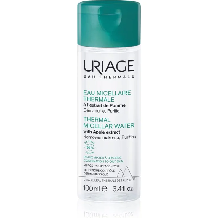 Uriage Hygiène Thermal Micellar Water - Mizellen-Reinigungswasser für gemischte bis fettige Haut, 100 ml, entfernt wasserfestes Make-up, hydratisiert und verfeinert die Haut