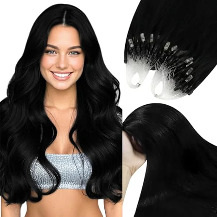 YoungSee Microring Extensions Echthaar 45cm, Invisible Micro Loop Haarverlängerung in Schwarz, 50 Strähnen, sanfte Kaltfusion, natürliches Tragegefühl – Bild 1