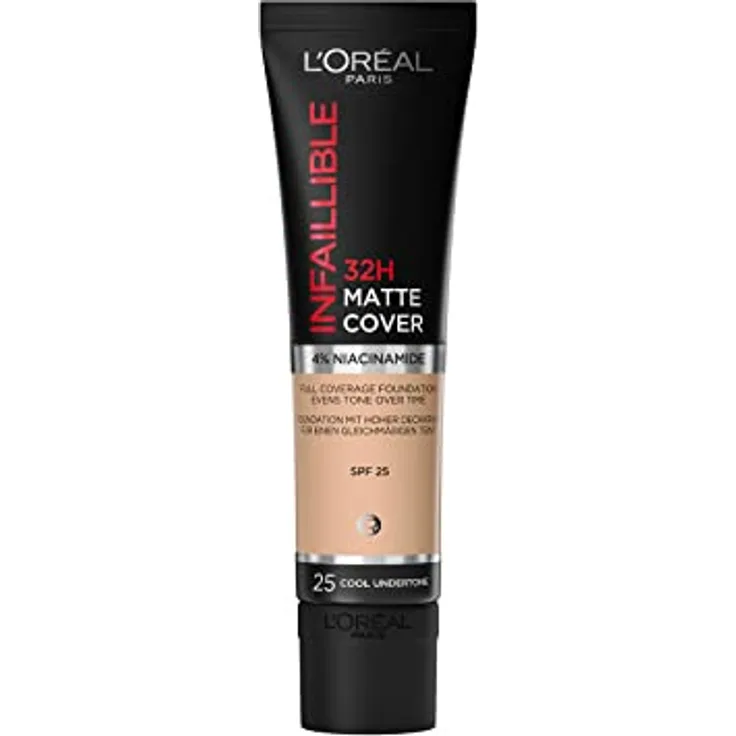 L'Oréal Paris Make up, Wasserfest und langanhaltend, Mattierende, flüssige Foundation mit hoher Deckkraft, Formel mit 4% Niacinamiden, Infaillible 32H Matte Cover, Nr. 25 Cool, 1 x 30 ml