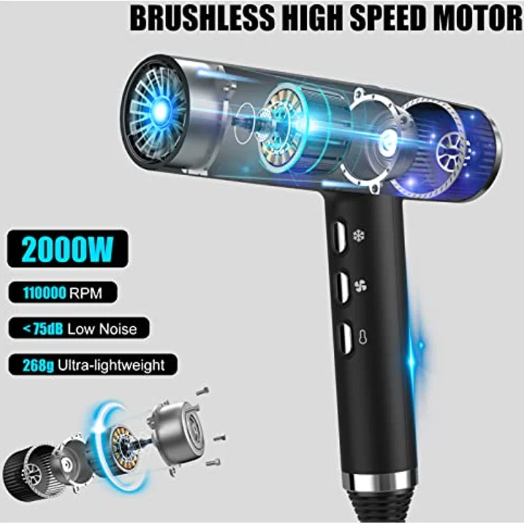 Slopehill Haartrockner IQ Perfetto, 2000W, bürstenloser Motor, Mikrofilter, Oxy Active Technology, LED-Anzeige, Schwarz – Bild 2