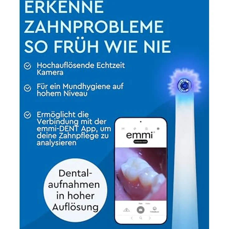 emmi-DENT Ultraschall Zahnbürste Platinum CAM in Weiß, Starter Set mit integrierter Kamera, Handteil, Ladestation, 2x Aufsatz & Zahnpasta, sanfte Plaque- & Zahnsteinreduzierung, Made in Germany – Bild 3