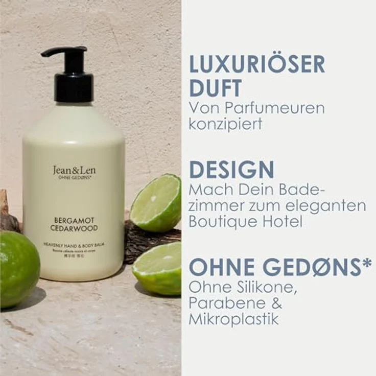 Jean & Len Heavenly Hand- & Body Balm Bergamot & Cedarwood, 500 ml mit Bio-Arganöl, Sheabutter, ohne Parabene & Silikone, hochwertige Flasche – Bild 2