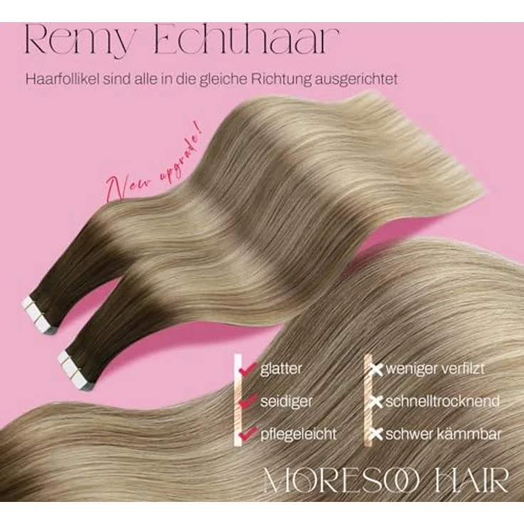 Moresoo Tape in Extensions Echthaar Ombre Braun bis Hellbraun mit Goldblond, 50g, 35 cm, Remy Invisible Tapes – Bild 2