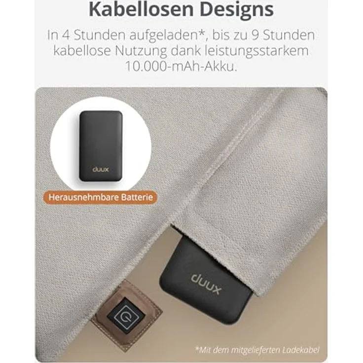 Duux Mellow Beheiztes Sitzkissen, Kabellos mit 3 Heizstufen, 10.000mAh Akku, Wasserabweisend & waschbar, Memory Foam, 40x40 cm, Grau – Bild 4