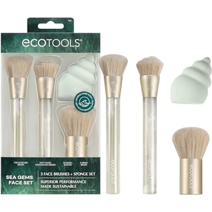 EcoTools Sea Gems Face Set, 4-teiliges Make-up-Pinselset für Damen mit hochwertigen Pinsel- und Schwamm-Applikatoren
