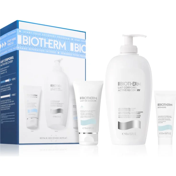 Biotherm Lait Corporel Active Recovery Geschenkset, Bodylotion 400 ml, Feuchtigkeitspflege mit Duschmilch und Handcreme