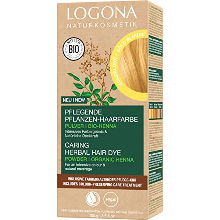 LOGONA Naturkosmetik Pflegende pflanzliche Haarfarbe, Veganes Haarfarbe-Pulver mit Bio-Henna für intensive Farbe und Glanz, Pflanzenhaarfarbe in Goldblond (Blond), 1 x 100g – Bild 1