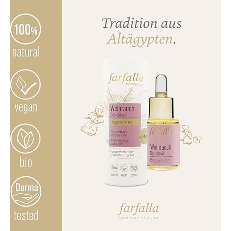 farfalla Weihrauch Gesichtsöl - 15ml - Regenerierendes Anti-Ageing-Öl - mit Argan & Wildrosenöl - 100% zertifizierte Naturkosmetik - Vegan – Bild 2