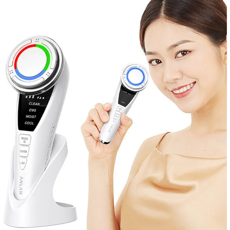 ANLAN Ultraschall Gesichtsmassagegerät mit Lichttherapie, Rot, 3 Lichtfarben und ergonomischem Design