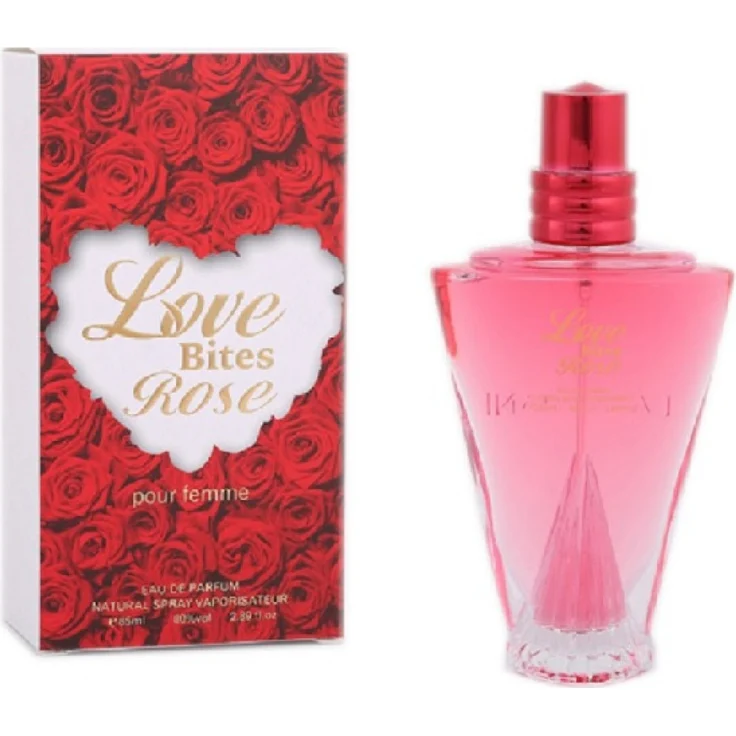 Markenlos Damen Parfum Love Bites Rose, Eau de Parfum 85 ml, blumig femininer Duft, roter Flacon mit Rosenmuster