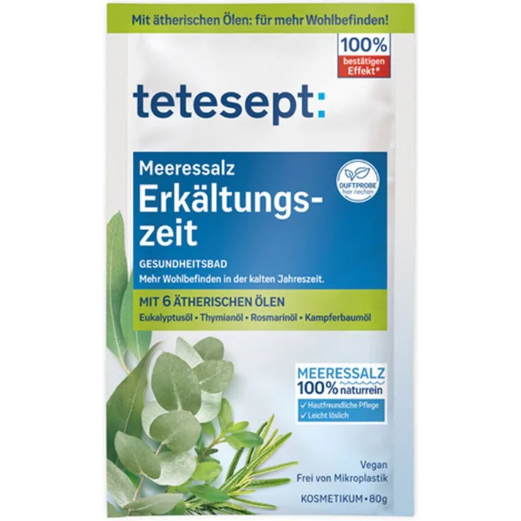 Tetesept Meeressalz Erkältungszeit, Badezusatz zur Verbesserung des Wohlbefindens, 80 g