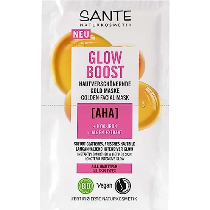 SANTE Naturkosmetik Glow Boost Hautverschönernde Gold Maske mit AHA, Hyaluron & Algen-Extrakt, 8 ml, für glatte & aufgepolsterte Haut
