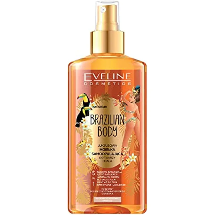 EVELINE COSMETICS Brazilian Body Luxuriöses Selbstbräunungsspray 5in1 für Gesicht & Körper Helle und dunkle Haut Sofortige Wirkung Sieben Tage anhaltende PureTan-Technologie pflanzliche Basis 150 ml
