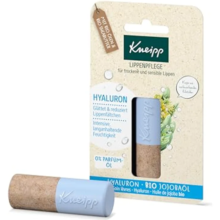 Kneipp Lippenpflege Hyaluron, Pflegebalsam für trockene Lippen mit Bio Jojobaöl und Bio Sheabutter, 4,7 g
