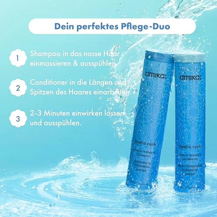 Amika Hydro Rush Intense Moisture Conditioner, intensiv feuchtigkeitsspendender Conditioner mit Hyaluronsäure und Squalan, 300 ml – Bild 7
