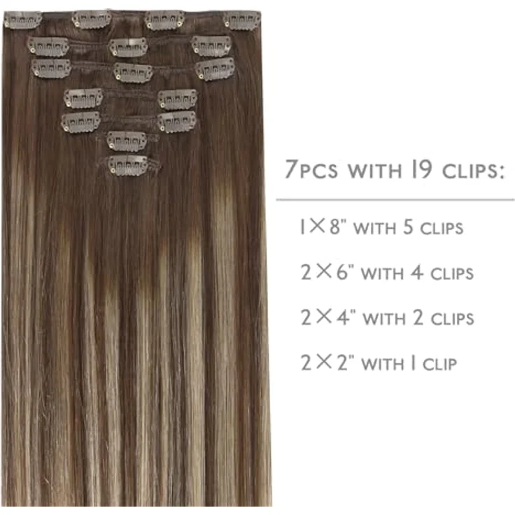 WENNALIFE Clip in Extensions Echthaar, 35cm 120g 7pcs Balayage Schokoladenbraun bis Honigblond, Remy Haarverlängerung – Bild 2