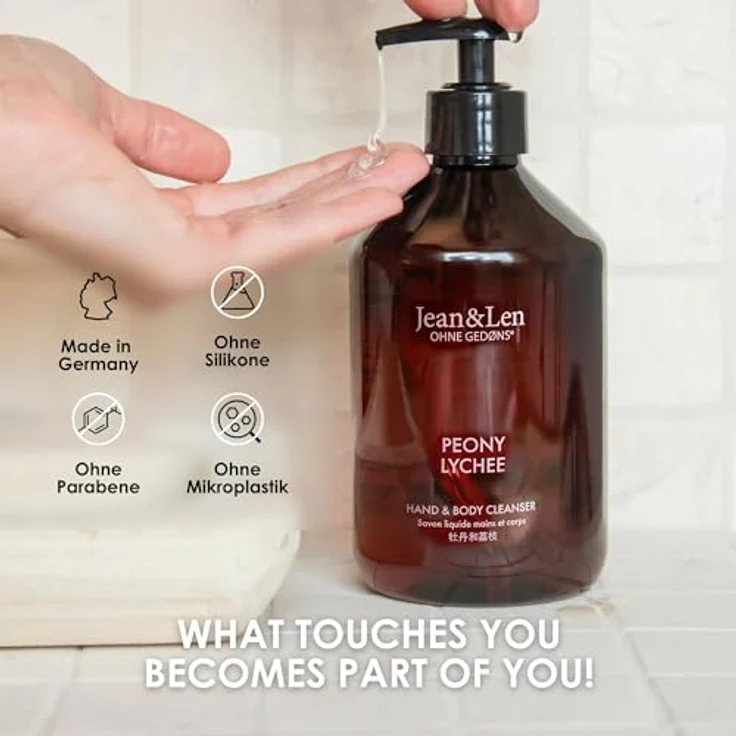 Jean & Len Hand & Body Cleanser Peony & Lychee, vegane Flüssigseife für Hände & Körper, 500 ml, floraler Duft, ohne Silikone & Parabene – Bild 5