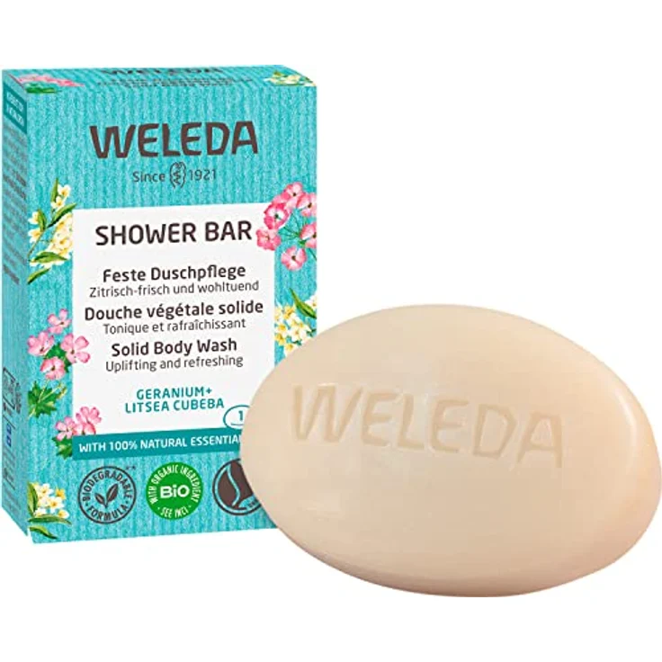 WELEDA Bio Festes Duschgel Geranium & Litsea Cubeba – feste Naturkosmetik Dusche mit Sheabutter & erfrischendem Duft. Natürliche Shower Bar Seife für Männer & Frauen. 100% Vegan & Plastikfrei (1x75g) – Bild 1