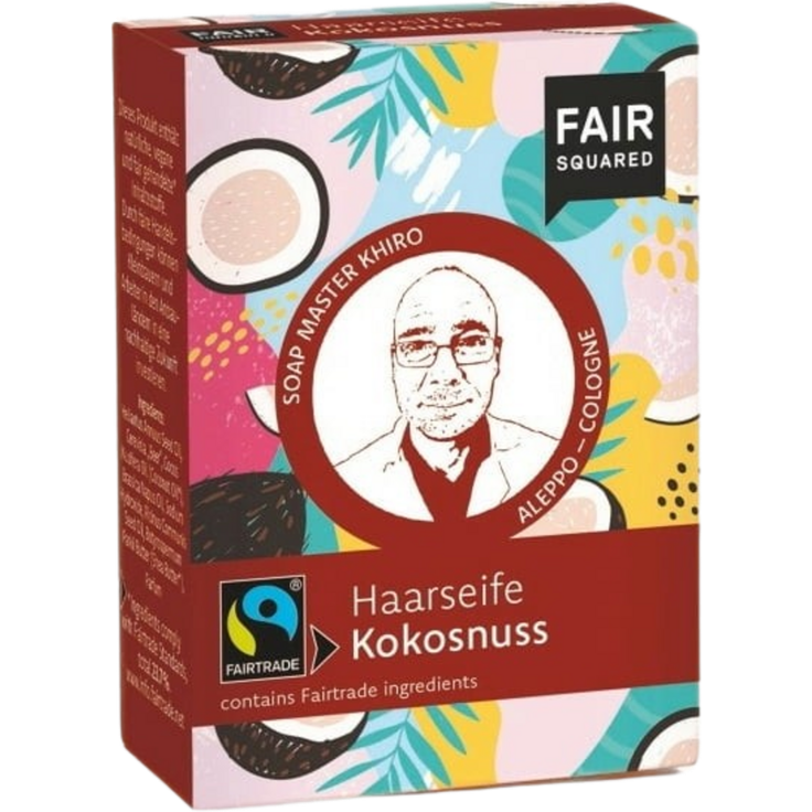 FAIR SQUARED Fairtrade Jubiläums Haarseife Kokosnuss, feste Pflege für fettiges Haar, 80 g