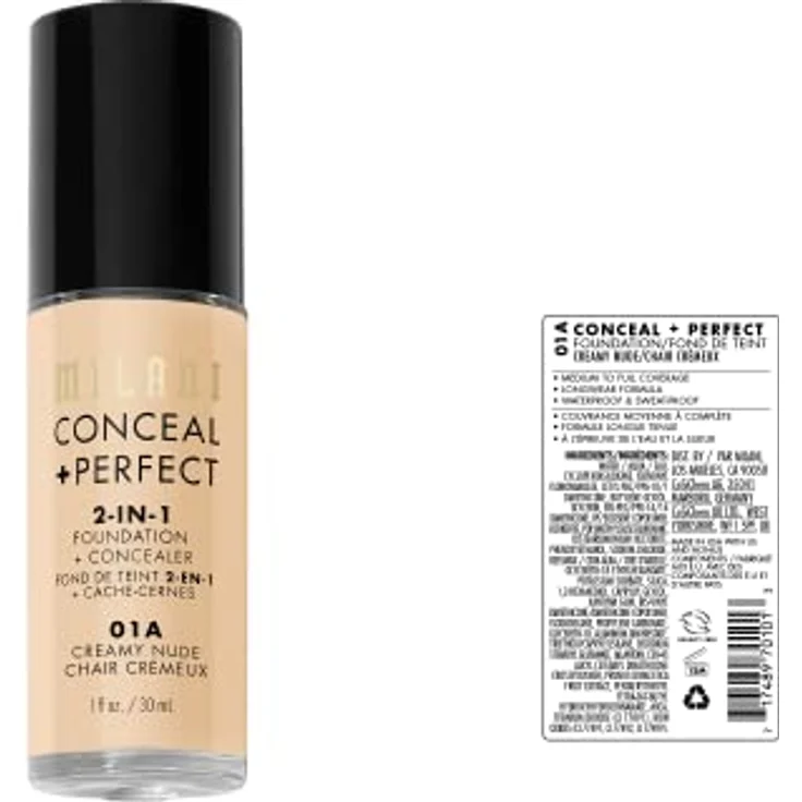 Milani Conceal And Perfect 2 in 1 Foundation + Concealer, Creamy Nude, 30 ml, sanfte Formel für alle Hauttypen – Bild 2