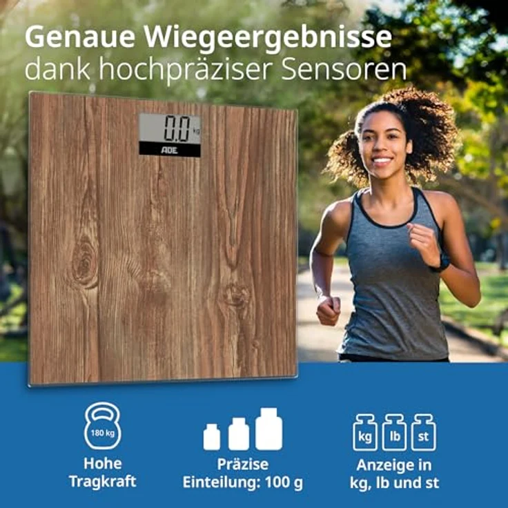 ADE Digitale Körperwaage BE2004 Holly, Holzoptik mit großem Display, rutschhemmender Sicherheitsglas-Wiegefläche, genaue Gewichtsangaben bis 180 kg – Bild 2