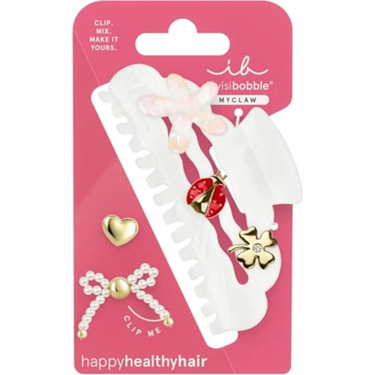 invisibobble MyClaw Full of Charms, Goldene Haarklammer für Damen mit 5 Charms (Herz, Schleife, Marienkäfer, Kleeblatt, Blume), perlmuttweiß, Größe L, eleganter Haarschmuck XXL – Bild 1