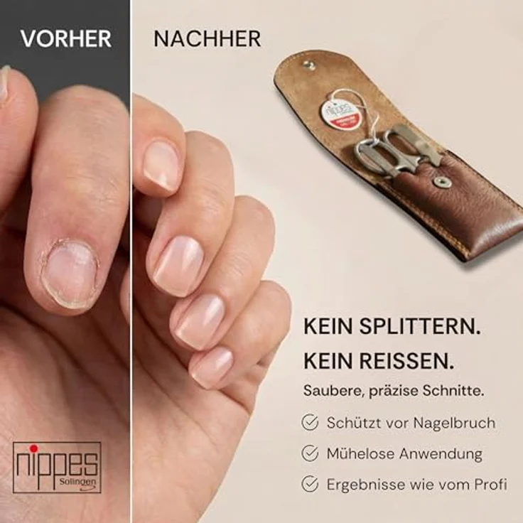 Nippes Classic Maniküre-Set braun, inkl. Kombinierte Haut- und Nagelschere, Saphirfeile & Pinzette, aus rostfreiem Stahl, Rindleder-Etui – Bild 6
