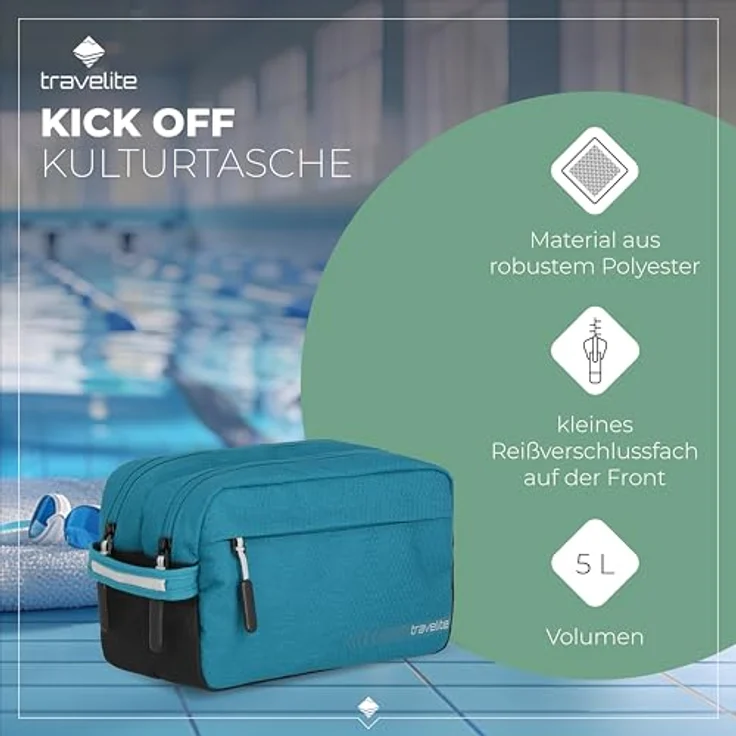 travelite Handgepäck Kosmetiktasche, Gepäck Serie KICK OFF: Praktische Kulturtasche für Urlaub und Sport, 006920-22, 26 cm, 5 Liter, petrol (türkis) – Bild 3