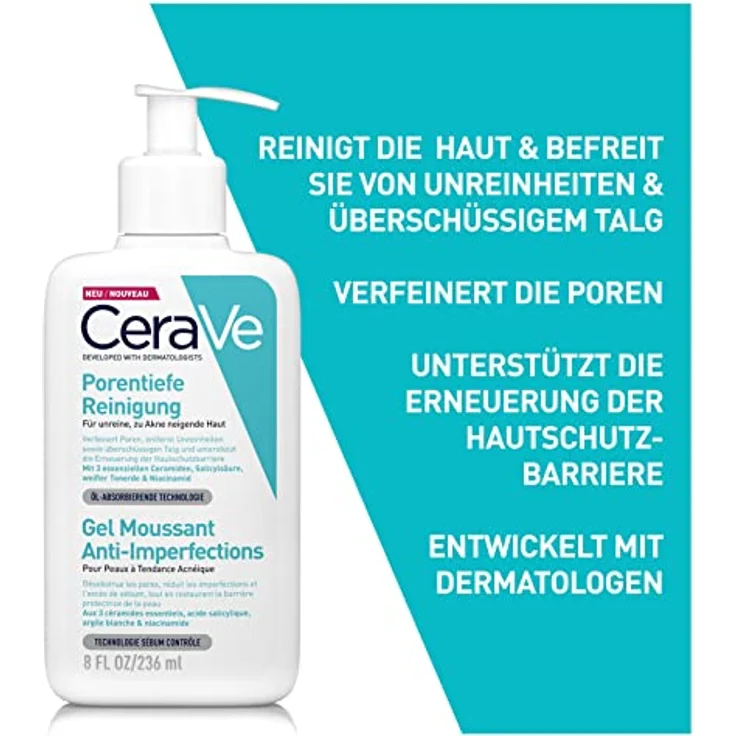 CeraVe Porentiefe Reinigung für das Gesicht, Schäumendes Reinigungsgel gegen Pickel, Für unreine und zu Akne neigender Haut, Mit Tonerde und Niacinamid, 1 x 236 ml – Bild 2